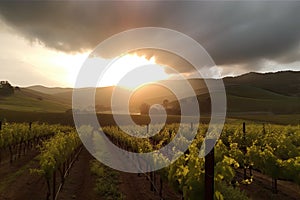 view of vineyard with sun setting over the rolling hills, breaking through the clouds