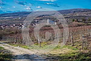 View of the vineyards, the church above the town and hills with vineyards and forest. Blue sky with white and gray clouds