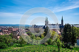 View of vineyards and historic old town of Bamberg, Germany