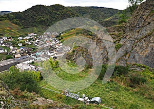 View of Vineyards transport and Mayschoss in autumn from the Saffenburg in Ahr valley photo