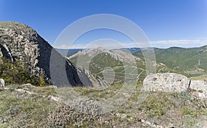 View of the vineyards in the valley from the top of the ridge