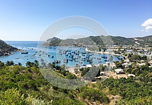 View of Vinh Hy bay with many fishing boats in Khanh Hoa, Vietnam