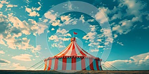 View of vintage circus tent from the front under a blue sky. Concept Vintage Circus Tent, Outdoor Photography, Blue Sky Background