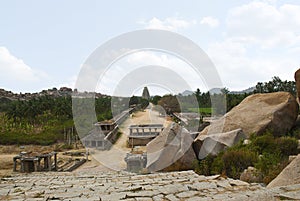 View of the Virupaksha Temple from the eastern gateway of Hampi bazaar, Hampi, karnataka. Sacred Center.