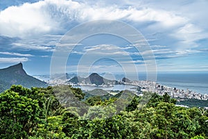 View from Vista Chinesa of Guanabara Bay, Christ Redeemer and Sugarloaf mountain in Rio de Janeiro, Brazil