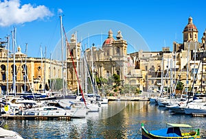 View of Vittoriosa Harbor with St. Lawrence's Church. Malta