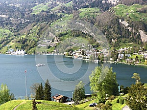 View of the Vitznau settlement on the shore of Lake Lucerne or Vierwaldstaetersee