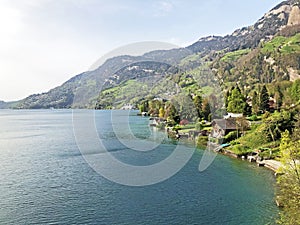 View of the Vitznau settlement on the shore of Lake Lucerne or Vierwaldstaetersee