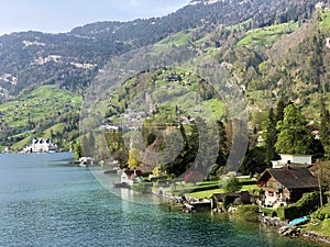 View of the Vitznau settlement on the shore of Lake Lucerne or Vierwaldstaetersee