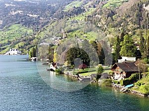 View of the Vitznau settlement on the shore of Lake Lucerne or Vierwaldstaetersee