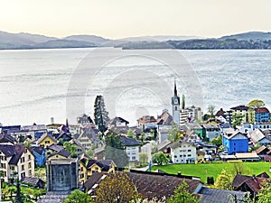 View of the Vitznau settlement on the shore of Lake Lucerne or Vierwaldstaetersee