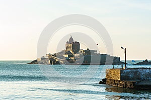 View on Vivekananda Rock Memorial from coast in Kanyakumari town