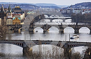 View of the Vltava River and the bridges, Prague, the Czech Republic.