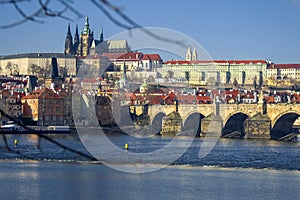 View of the Vltava River and the bridges shined with the sunset sun, Prague