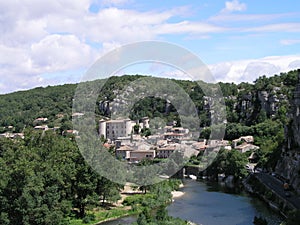 View on Vogue Village, dramatically located in a canyon of Ardeche river, beautiful village, Ardeche region, France, Europe
