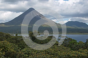 View of Volcan Arenal and Lake Arenal in Parque Nacional Volcan Arenal in Costa Rica