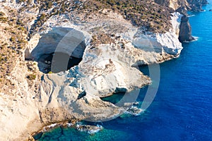 View of the volcanic open cave of Sykia, Milos island, Cyclades, Greece