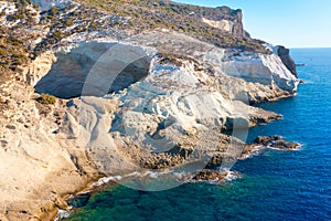 View of the volcanic open cave of Sykia, Milos island, Cyclades, Greece