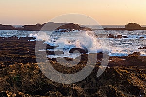 View of the volcanic shore of the Atlantic Ocean in the area of the city of Essaouira in Morocco on a summer evening