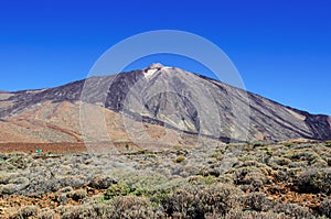 View of volcano Mount Teide Teide Peak, surroundings with hardened lava and treeless mountain vegetation.