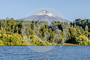View of volcano Villarica from lake in Pucon photo