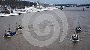 View of the Volkhov River and fishing boats. Veliky Novgorod,