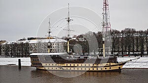 View of the Volkhov River and the Flagman frigate.