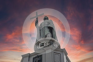 View of Volodymyr The Great monument historical statue with dramatic sky background in Kyiv city