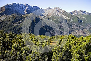 Pohled z Volovce na hřeben Roháče s vrcholy: Tři Kopy 2 154 m n. m., Hrubá Kopa 2 166 m n. m., Baníkov 2,