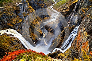 View on Voringfossen waterfall and cliffs from the top