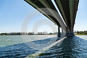 View of Voroshilovsky bridge over Don river from under bridge right bank of Rostov-on-Don city