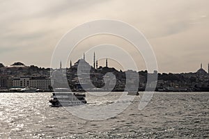 View of vruise tour boats on Golden Horn part of Bosphorus in Istanbul.