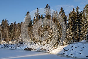 View of the Vuoksi river bank and Mellonlahti nature trail in winter, Imatra, Finland