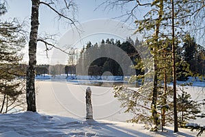 View of the Vuoksi river banks in winter, Imatra, South Karelia, Finland