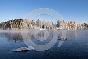 View of Vuoksi river and river bank in winter