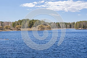 View of Vuoksi river and river banks in spring, Mellonlahti, Imatra, South Karelia, Finland