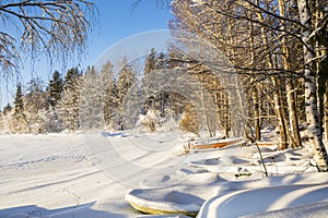 View of Vuoksi river and river banks in winter