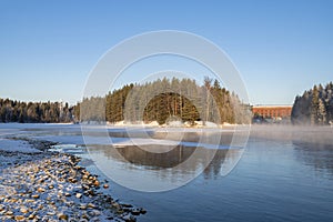 View of Vuoksi river and river banks in winter, Imatra, Finland