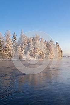 View of Vuoksi river and river banks in winter, Imatra, Finland