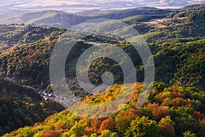 View of the Vyhne village from Jelenska skala rock in Stiavnicke vrchy mountains