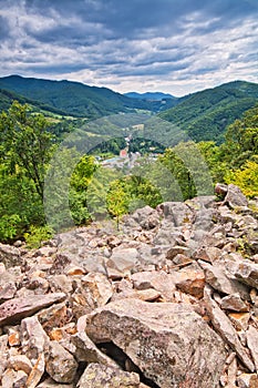 View at Vyhne village from stone sea at the foot of the Kamenna hill