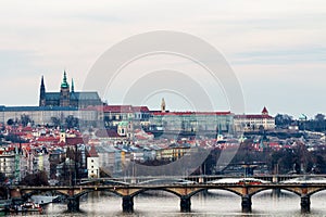 View from the Vysehrad to the castle and river Vltava with bridges, Prague, Czech republic. Travel destination