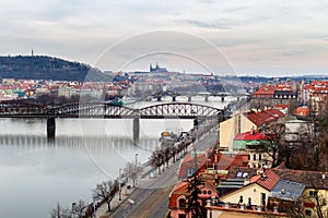 View from the Vysehrad to the castle and river Vltava with bridges, Prague, Czech republic. Travel destination