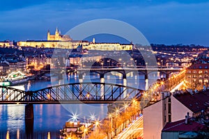 View from the Vysehrad to the castle and river Vltava with bridges, Prague, Czech republic. Travel destination