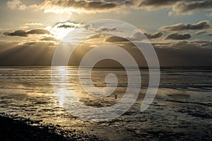 view on the wadden sea of the north sea at low tide at sunset near bernersiel