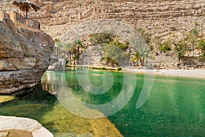 View of the Wadi Bani Khalid oasis in the desert in Sultanate of Oman