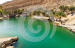 View of the Wadi Bani Khalid oasis in the desert in Sultanate of Oman