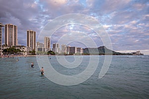 View of Waikiki Beach with Diamond Head volcano in the distance