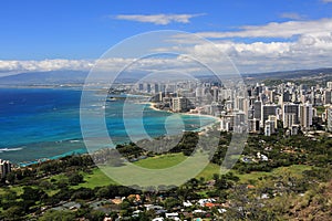 View of Waikiki beach from the top of Diamond Head Crater, Oahu, Hawaii.