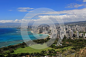 View of Waikiki beach from the top of Diamond Head Crater, Oahu, Hawaii.